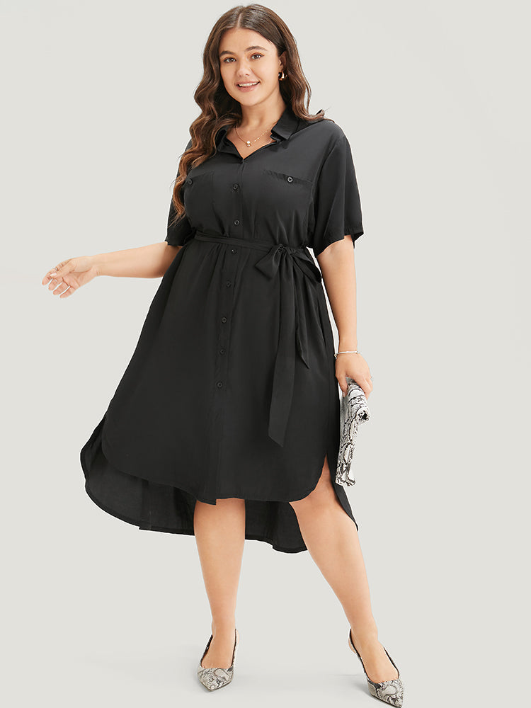 

Plus Size Women Workwear Plain Belted Regular Sleeve Short Sleeve Shirt Collar Pocket Belt Workleisure Dresses BloomChic, Black