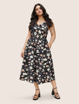 Floral Print Spaghetti Strap Cowl Neck Dress