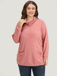 Plain Heather Turtleneck Pocket Button Detail Sweatshirt
