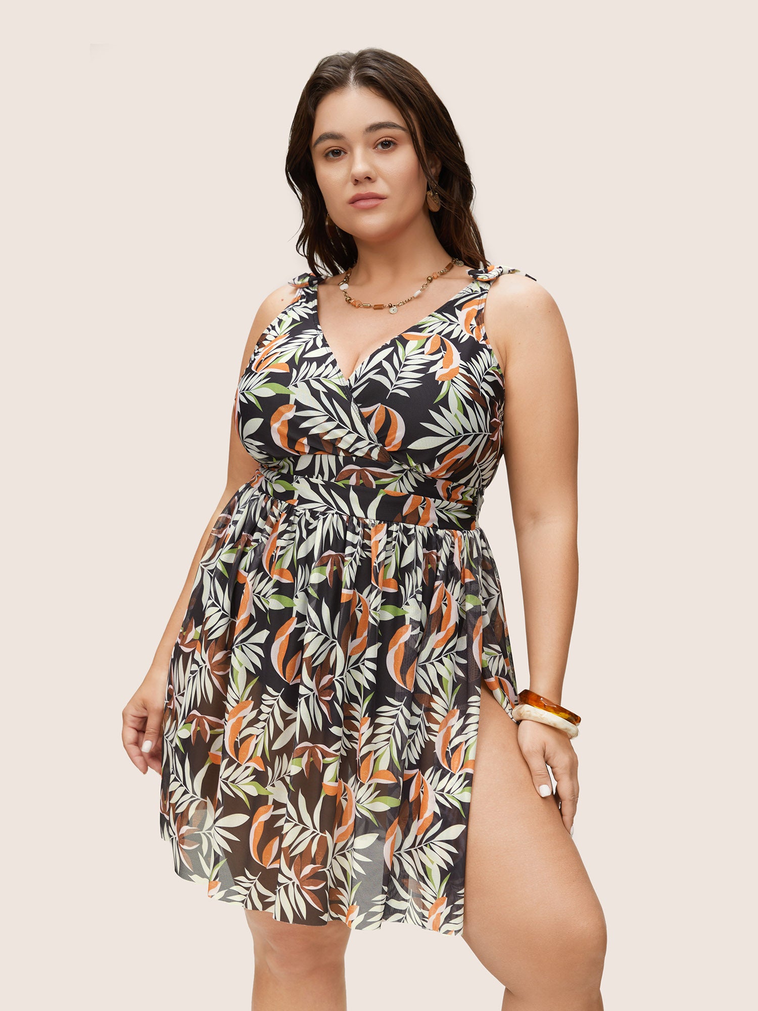 

Tropical Print Gathered Split Hem Swim Dress, Black