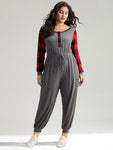 Plaid Patchwork Pocket Button Up Bowknot Jumpsuit