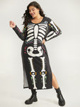 Halloween Skull Print Round Neck Split Hem Dress