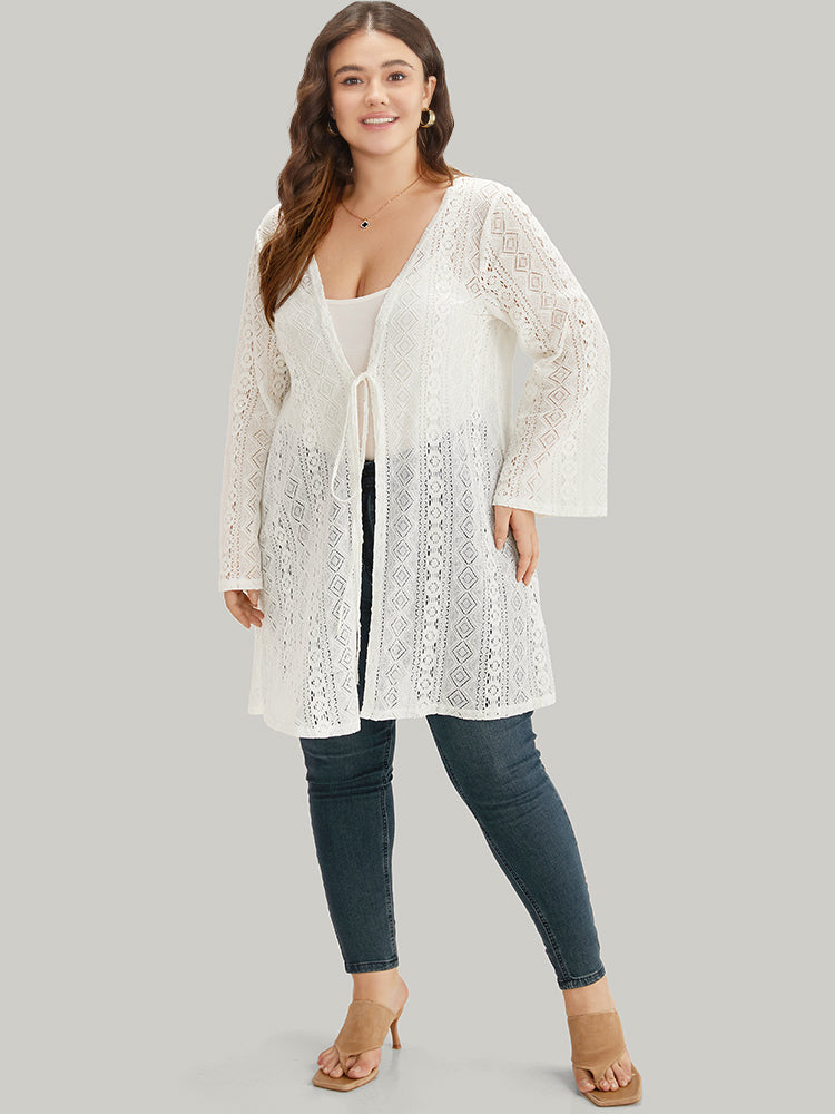 

Plus Size Cover Ups/Kimonos | Plain Geometric Guipure Lace Ties Kimono | BloomChic, White