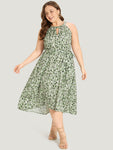 Pocketed Belted Keyhole General Print Halter Dress