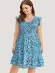 Cap Sleeves Shirred Floral Print Dress With Ruffles