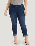 Solid Frayed Roll Hem High Rise Jeans