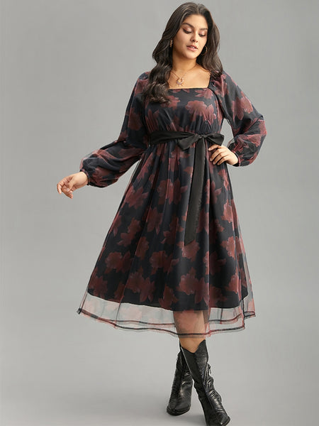 Gathered Mesh Belted Floral Print Dress