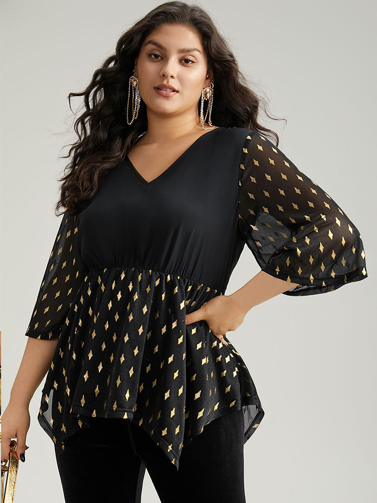 

Plus Size Women Festival-Christmas Patchwork Asymmetrical Bell Sleeve Elbow-length sleeve V-neck Glamour Blouses BloomChic, Black