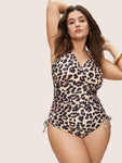 Leopard Gathered Drawstring One Piece Swimsuit