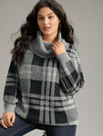 Plaid Turtle Neck Drop Shoulder Pullover