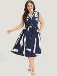 General Print Collared Pocketed Dress With Ruffles