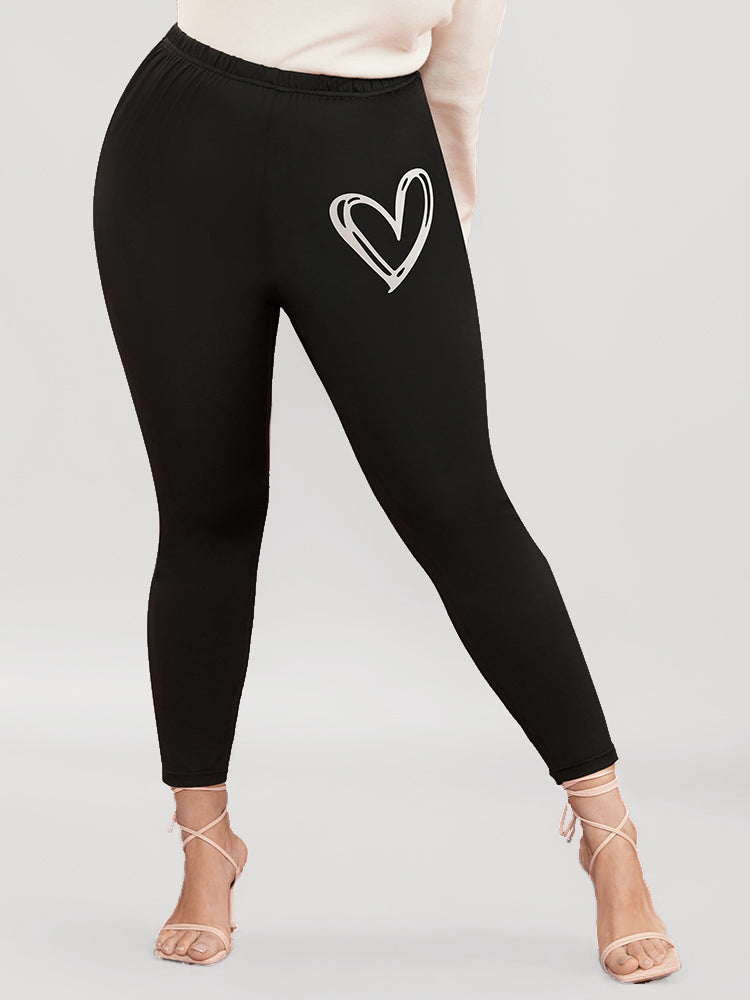 

Plus Size Women Dailywear Heart Print Elastic Waist Slightly Stretchy Skinny High Rise Casual Leggings BloomChic, Black