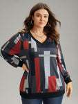Colorblock Contrast V Neck Rib Knit Sweatshirt