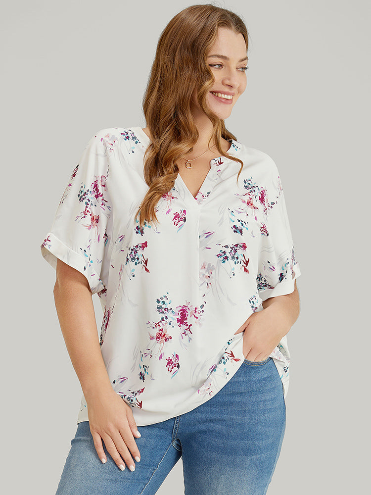 

Plus Size Women Dailywear Floral Dolman Sleeve Short sleeve Notched collar Elegant Blouses BloomChic, White