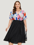 Brush Print Surplice Neck Belted Patchwork Flutter Dress