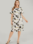 Geometric Print Pocketed Belted Flutter Sleeves Dress