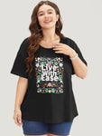 Floral & Slogan Print Slightly Stretchy Casual T shirt