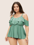 Plain Ruffle Trim Cold Shoulder Swim Top