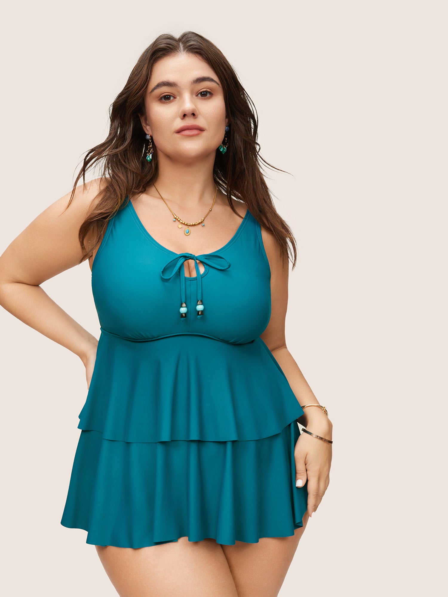 

Plus Size Swim Tops | Plain Beaded Ties Layered Flutter Hem Swim Top | BloomChic, Cerulean