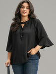 Plain Ties Bell Sleeve Keyhole Button Up Blouse