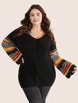 Contrast Striped Hollow Out Bell Sleeve Pullover