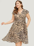 Animal Zebra Print Belted Pocketed Wrap Cap Sleeves Dress With Ruffles