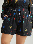 Christmas Skull Print Elastic Waist Sleep Shorts