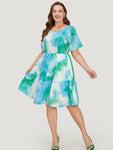 Crew Neck Tiered Pocketed Tie Dye Print Dress With Ruffles