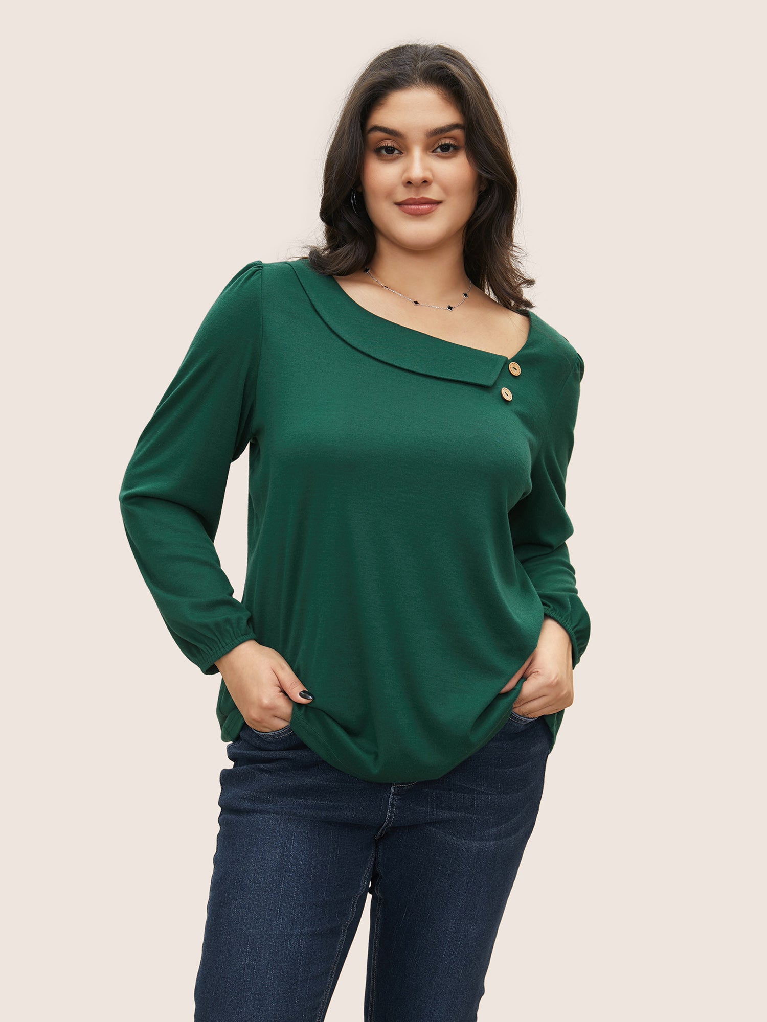 

Plus Size Women Everyday Plain Button Regular Sleeve Long Sleeve Asymmetrical Neck Elegant T-shirts BloomChic, Dark green