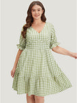 V-neck Checkered Gingham Print Puff Sleeves Sleeves Dress With Ruffles