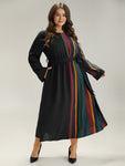 Elasticized Waistline Pocketed Belted Striped Print Dress