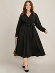 V-neck Flutter Sleeves Belted Pocketed Dress