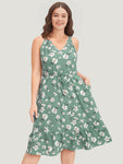 Halter Notched Collar Elasticized Waistline Floral Print Pocketed Dress With Ruffles