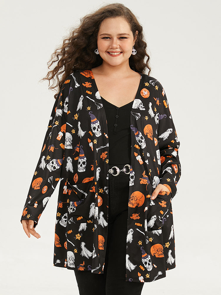 

Plus Size Cover Ups/Kimonos | Halloween Graphic Patched Pocket Tunic Kimono | BloomChic, Black