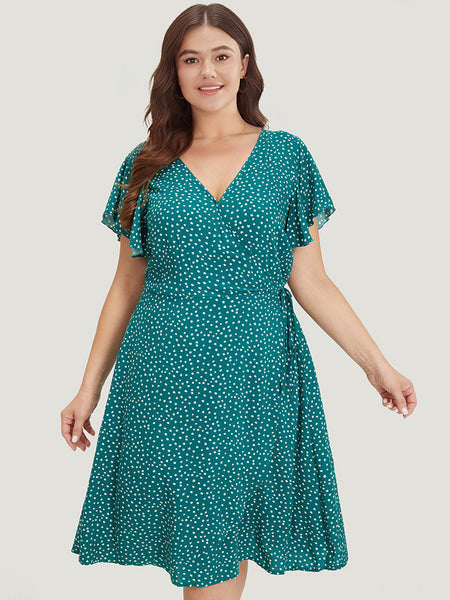 Wrap Cap Sleeves Polka Dots Print Dress With Ruffles
