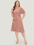Ditsy Floral Puff Sleeve Pocket Button Ruched Wrap Dress