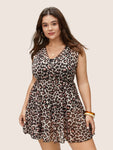 Leopard Print Tiered Mesh Sleeveless Swim Dress