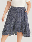Allover Print Pocket Ruffle Layered Hem Skirt