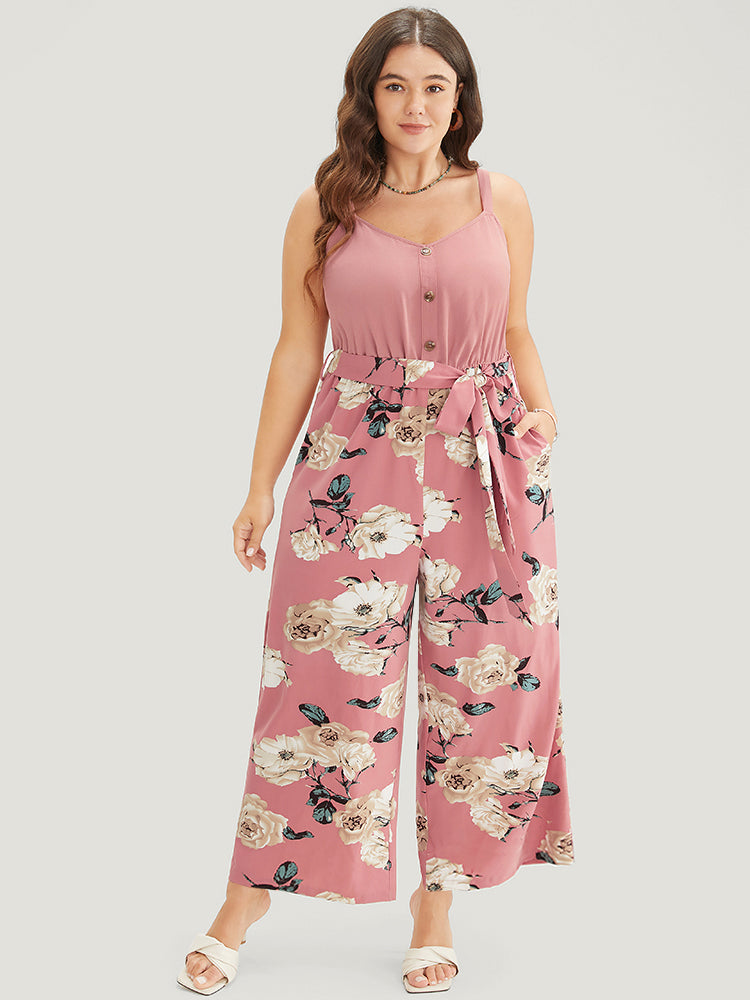 

Plus Size Women Dailywear Floral Adjustable Straps Regular Pocket Belt Elegance Jumpsuits BloomChic, Crepe