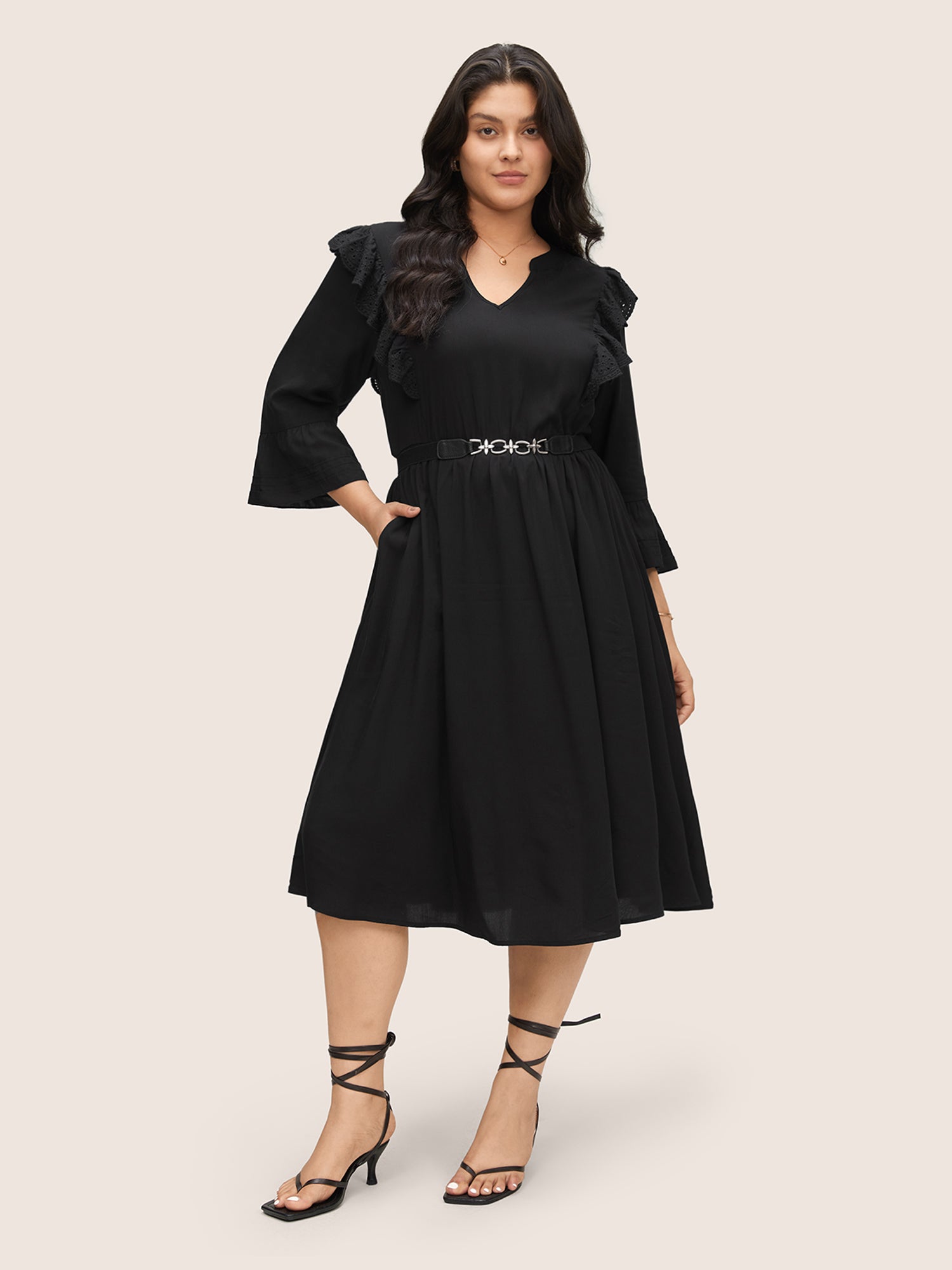 

Plus Size Women Everyday Plain Non Bell Sleeve Elbow-length sleeve Notched collar Pocket Elegant Dresses BloomChic, Black