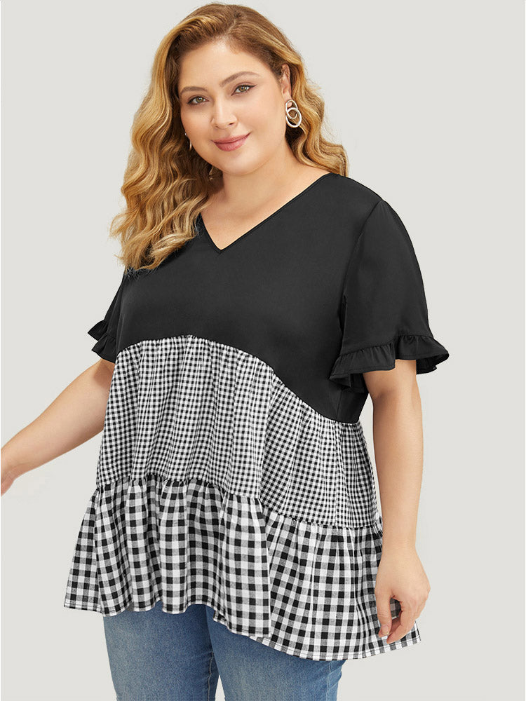 

Plus Size Women Dailywear Gingham Contrast Ruffle Sleeve Short Sleeve Round Neck Elegance Blouses BloomChic, Black