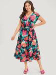 Batwing Sleeves Collared Floral Print Shirred Dress