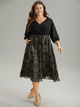 Collared General Print Belted Glittering Chiffon Dress