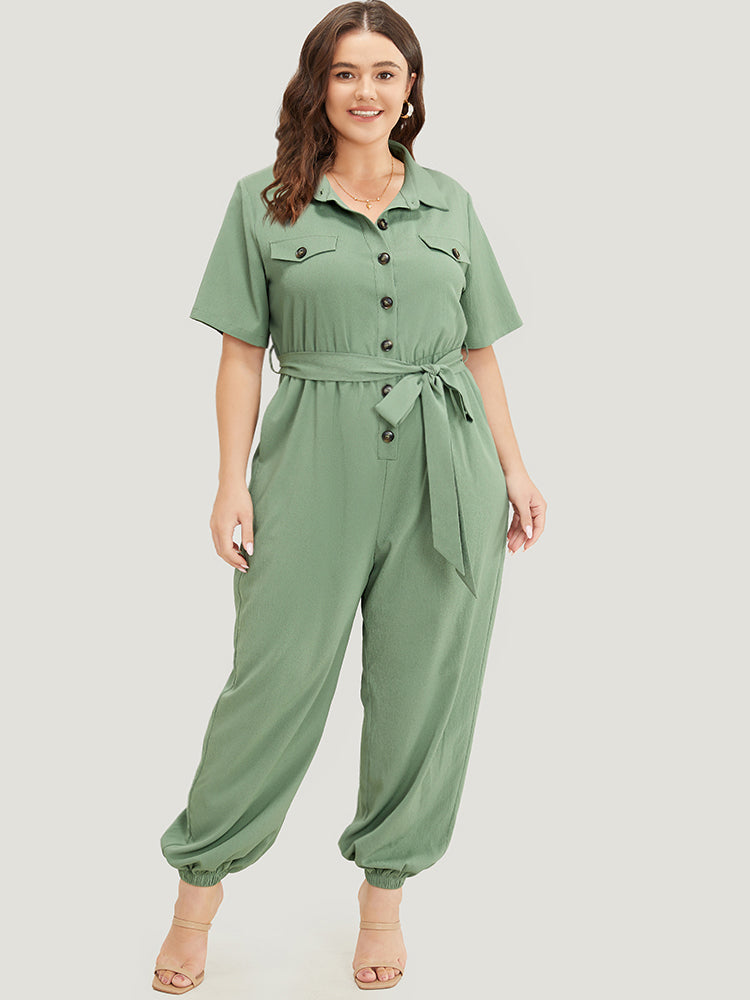 

Plus Size Women Workwear Plain Belted Regular Pocket Belt Workleisure Jumpsuits BloomChic, Mint