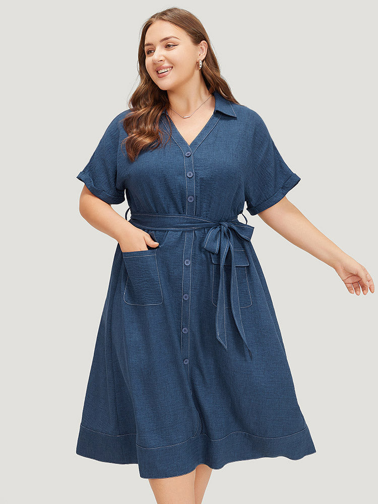 

Plus Size Women Workwear Plain Belted Dolman Sleeve Short Sleeve Shirt Collar Pocket Belt Workleisure Dresses BloomChic, Navy