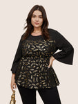 Feather Glitter Patchwork Bell Sleeve Blouse