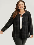 Plaid Pattern Button Up Crew Neck Coat