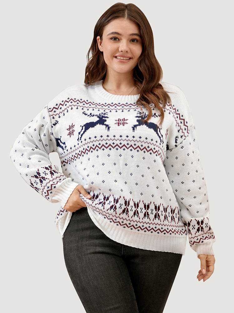 

Elk & Snowflake Pointelle Knit Round Neck Knit Top BloomChic, Multicolor
