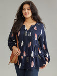 Feather Print Notched Tiered Ruffle Hem Blouse