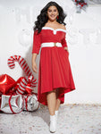 Christmas Off Shoulder Fuzzy Trim High Low Hem Dress